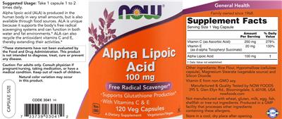 Photo of the NOW Alpha Lipoic Acid 100 mg label