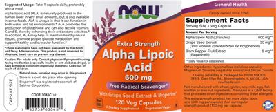 Photo of the NOW Extra Strength Alpha Lipoic Acid 600 mg label