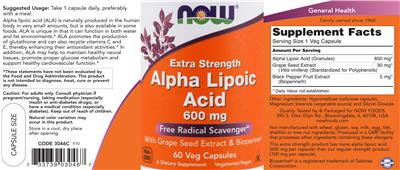 Photo of the NOW Extra Strength Alpha Lipoic Acid 600 mg label