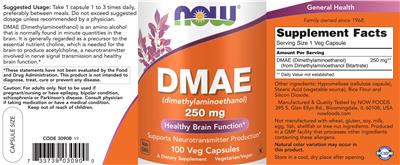 Photo of the NOW DMAE (Dimethylaminoethanol) 250 mg label