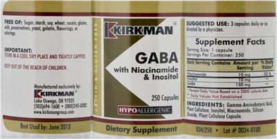 Photo of the Kirkman GABA With Niacinamide & Inositol label
