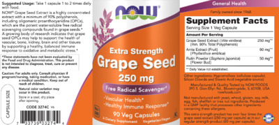 Photo of the NOW Extra Strength Grape Seed 250 mg label