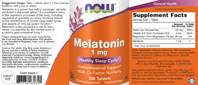 Photo of the NOW Melatonin 1 mg label