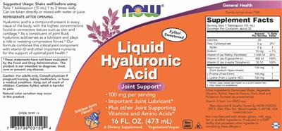 Photo of the NOW Liquid Hyaluronic Acid label