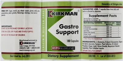 Photo of the Kirkman Gastro Support label