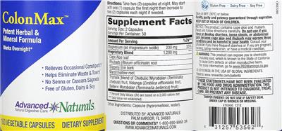 Photo of the Advanced Naturals ColonMax label