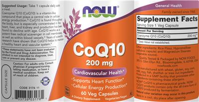 Photo of the NOW CoQ10 200 mg label
