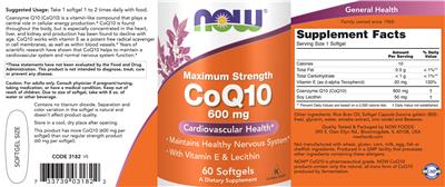 Photo of the NOW Maximum Strength CoQ10 600 mg label