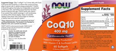 Photo of the NOW CoQ10 400 mg label