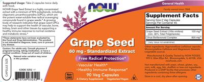 Photo of the NOW Grape Seed 60 mg - Standardized Extract label