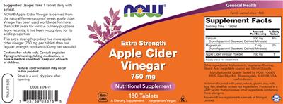 Photo of the NOW Extra Strength Apple Cider Vinegar 750 mg label