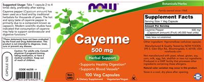 Photo of the NOW Cayenne 500 mg label