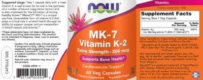 Photo of the NOW MK-7 Vitamin K-2 Extra Strength - 300 mcg label