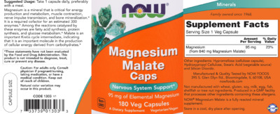 Photo of the NOW Magnesium Malate Caps label