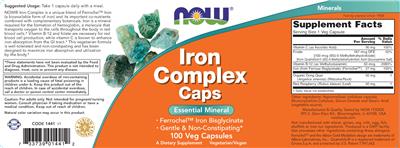 Photo of the NOW Iron Complex Caps label