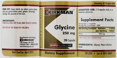 Photo of the Kirkman Glycine 250 mg label