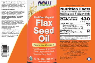 Photo of the NOW Certified Organic Flax Seed Oil label