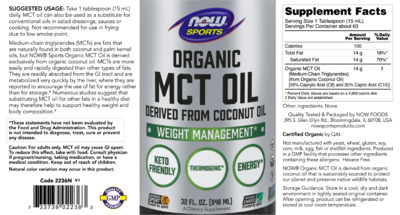 Photo of the NOW Sports Organic MCT Oil label