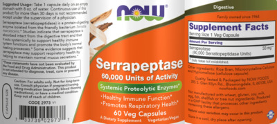 Photo of the NOW Serrapeptase 60,000 Units of Activity label