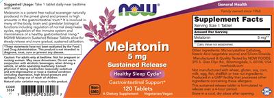 Photo of the NOW Melatonin 5 mg label