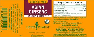 Photo of the Herb Pharm Asian Ginseng Alcohol-Free label
