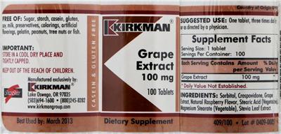 Photo of the Kirkman Grape Extract 100 mg label