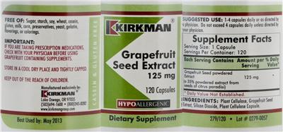 Photo of the Kirkman Grapefruit Seed Extract 125 mg label