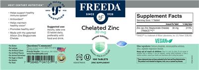 Photo of the Freeda Chelated Zinc 30 mg label