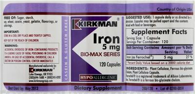 Photo of the Kirkman Iron 5 mg Bio-Max Series label