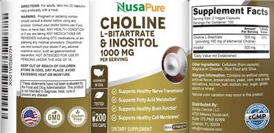 Photo of the NusaPure Choline L-Bitartrate & Inositol 1000 mg label