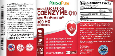 Photo of the NusaPure High Absorption Coenzyme Q10 with BioPerine label