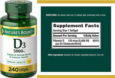 Photo of the Nature's Bounty D3 5000 IU label