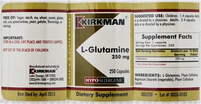 Photo of the Kirkman L-Glutamine 250 mg label