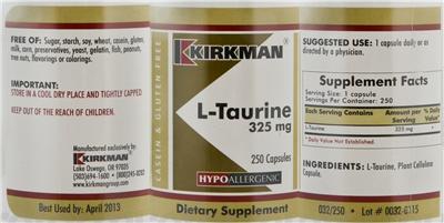 Photo of the Kirkman L-Taurine 325 mg label