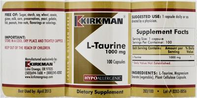 Photo of the Kirkman L-Taurine 1000 mg label