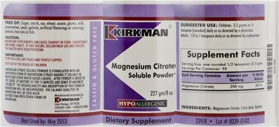 Photo of the Kirkman Magnesium Citrate Soluble Powder label