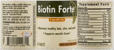 Photo of the Enzymatic Therapy Biotin Forte 3 mg with Zinc label