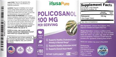 Photo of the NusaPure Policosanol 100 mg label