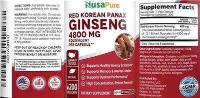 Photo of the NusaPure Red Korean Panax Ginseng 4800 mg label