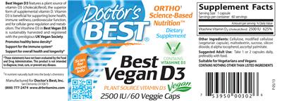 Photo of the Doctor's Best Best Vegan D3 2500 IU label