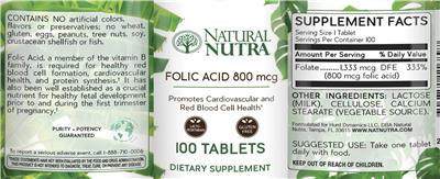 Photo of the Natural Nutra Folic Acid 800 mcg label