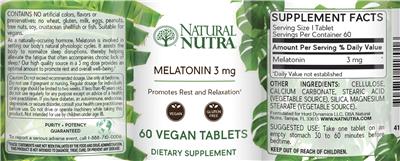 Photo of the Natural Nutra Melatonin 3 mg label