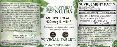 Photo of the Natural Nutra Methyl Folate 400 mcg 5-MTHF label
