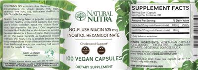 Photo of the Natural Nutra No-Flush Niacin 525 mg Inositol Hexanicotinate label