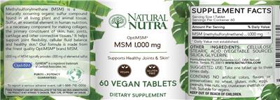 Photo of the Natural Nutra MSM 1,000 mg label