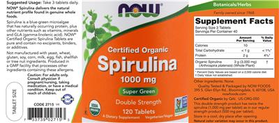 Photo of the NOW Certified Organic Spirulina 1000 mg label