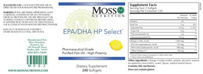 Photo of the Moss Nutrition EPA/DHA HP Select label