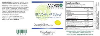 Photo of the Moss Nutrition EPA/DHA HP Select Natural Lemon Flavor label