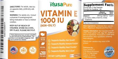Photo of the NusaPure Vitamin E 1000 IU label