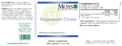 Photo of the Moss Nutrition Magnesium Citrate label